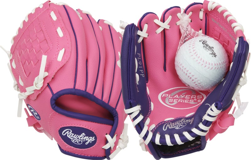 Rawlings رولينغز | سلسلة اللاعبين قفاز كرة البيسبول للأطفال والشباب | رمي باليد اليسرى | 9" | وردي/بنفسجي مع كرة - Image 1